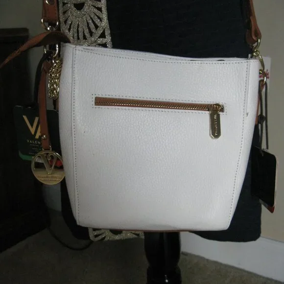 Valentina peeble white leather X-body bag w/ brown leather trim NWT Spring wear - Picture 4 of 15